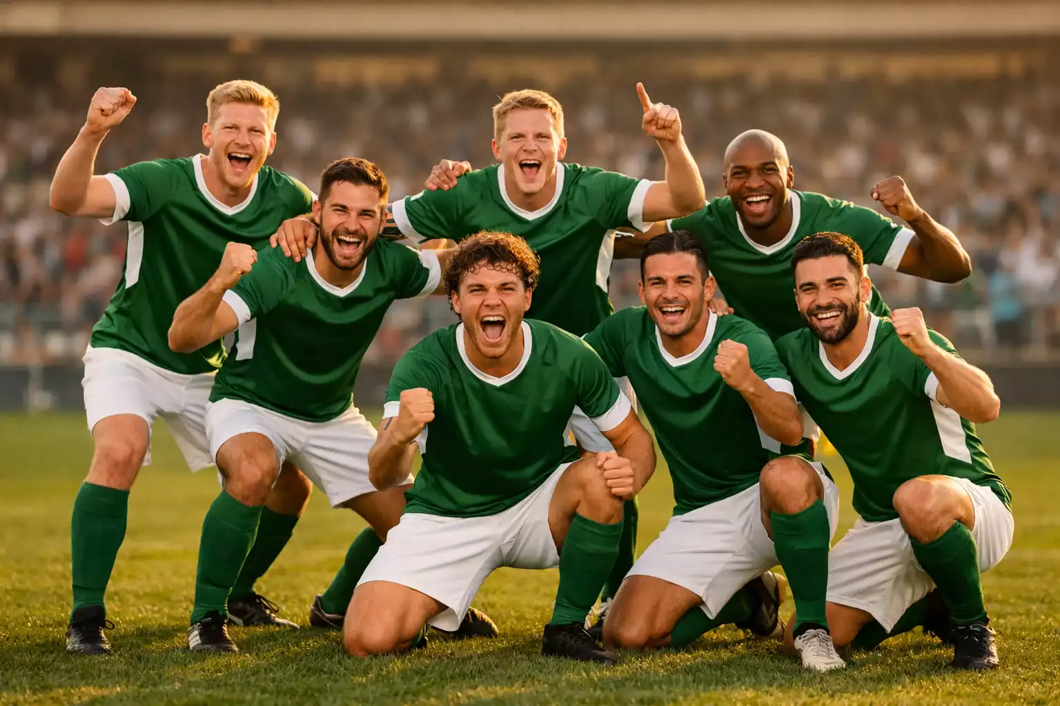 Fußballmannschaft feiert gemeinsam auf dem Spielfeld nach einem wichtigen Sieg