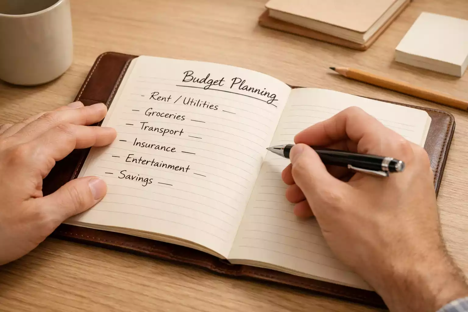 Person plant Budget mit Notizbuch und Stift