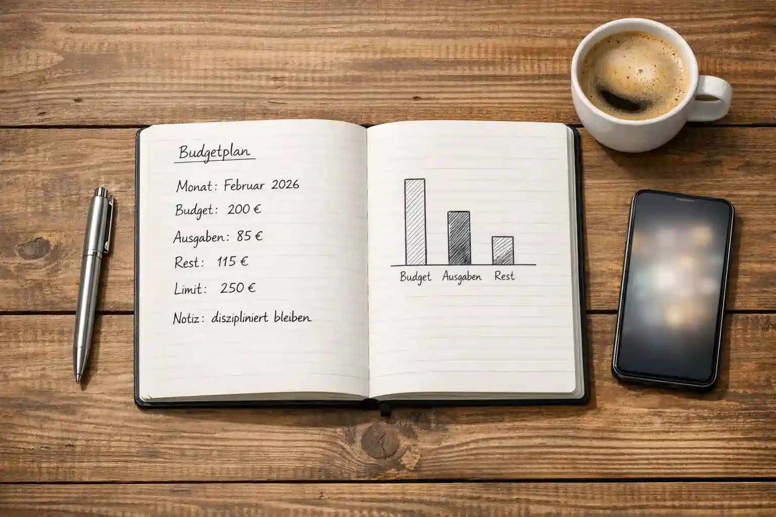 Notizbuch mit Budgetplanung und Stift auf Holztisch