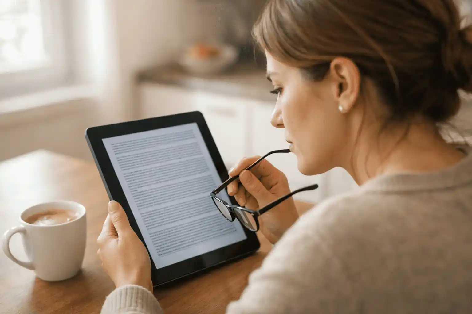 Person liest aufmerksam Geschäftsbedingungen auf einem Tablet