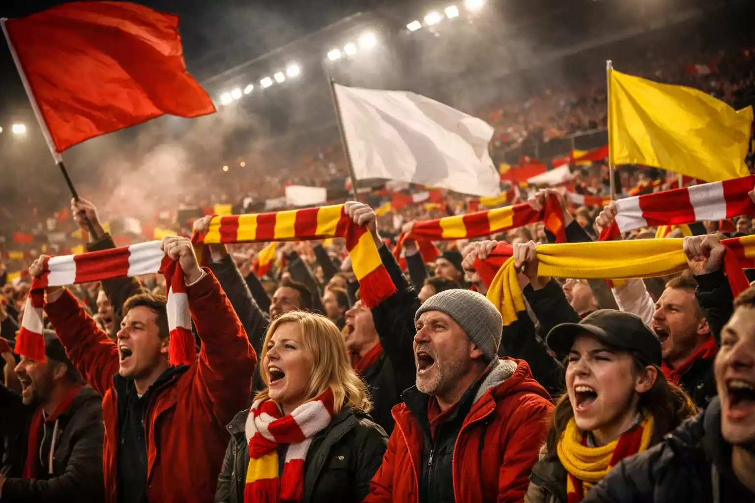 Begeisterte Fans in der Fankurve eines Bundesliga-Stadions mit Schals und Fahnen