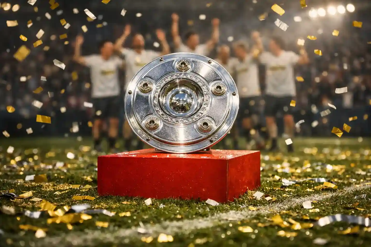 Meisterschale der Bundesliga auf dem Rasen mit Konfetti und Feierlichkeiten
