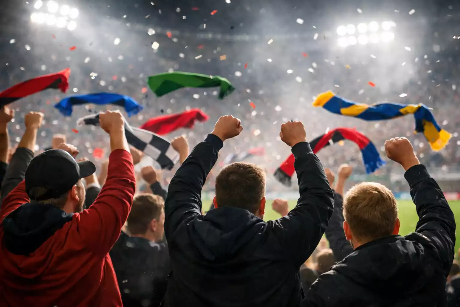 Volle Fankurve im Bundesliga-Stadion mit Fahnen und Choreografie
