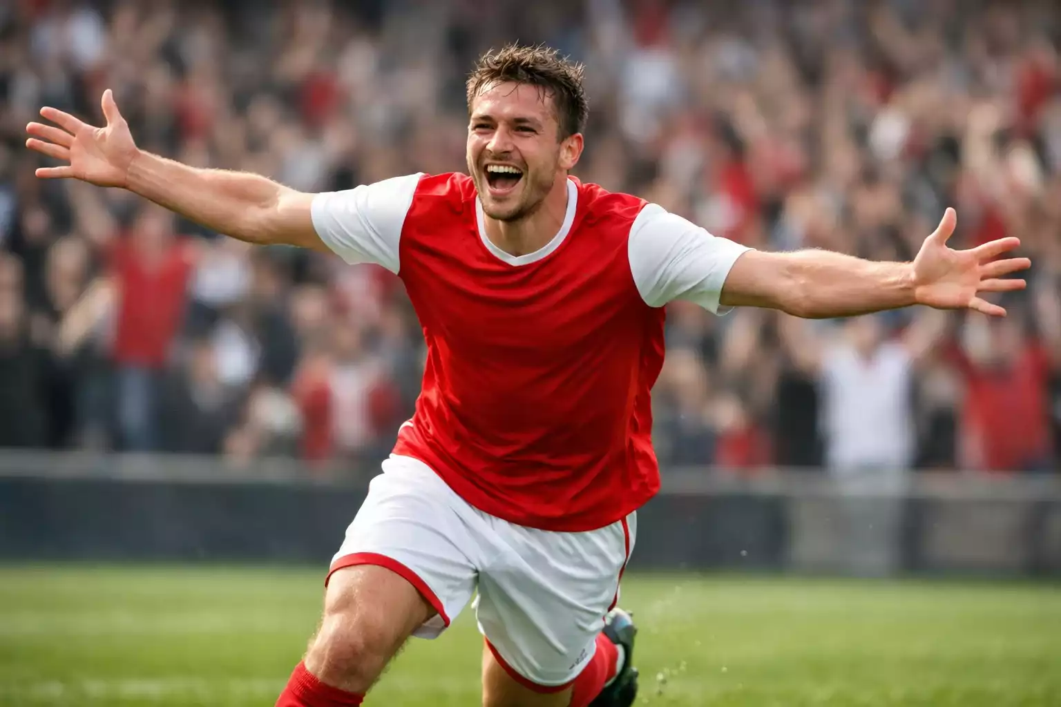 Fußballspieler feiert Tor mit ausgebreiteten Armen vor jubelnden Fans