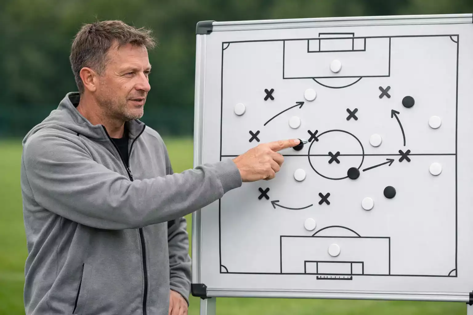 Fußballtrainer erklärt Taktik an einer Tafel vor dem Spielfeld