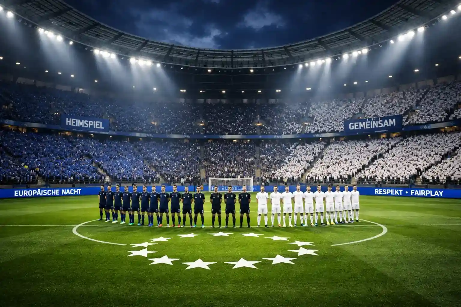 Champions League Abend im voll besetzten Stadion mit Flutlicht und Fankulisse