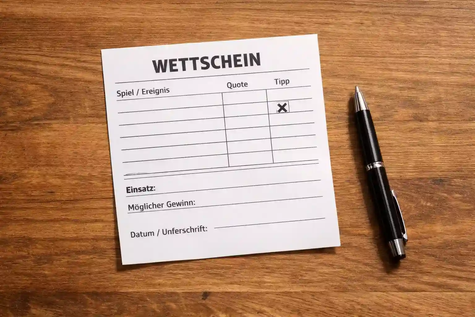 Wettschein mit einzelner Auswahl auf einem Tisch