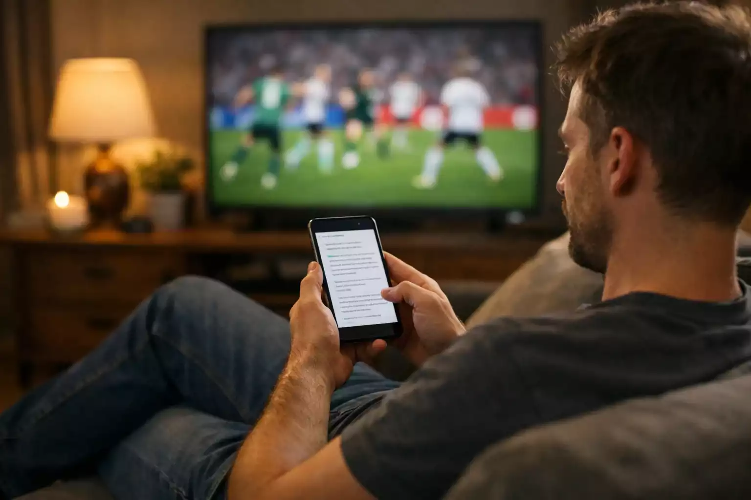 Person hält Smartphone und schaut auf ein Fußballspiel im Fernsehen