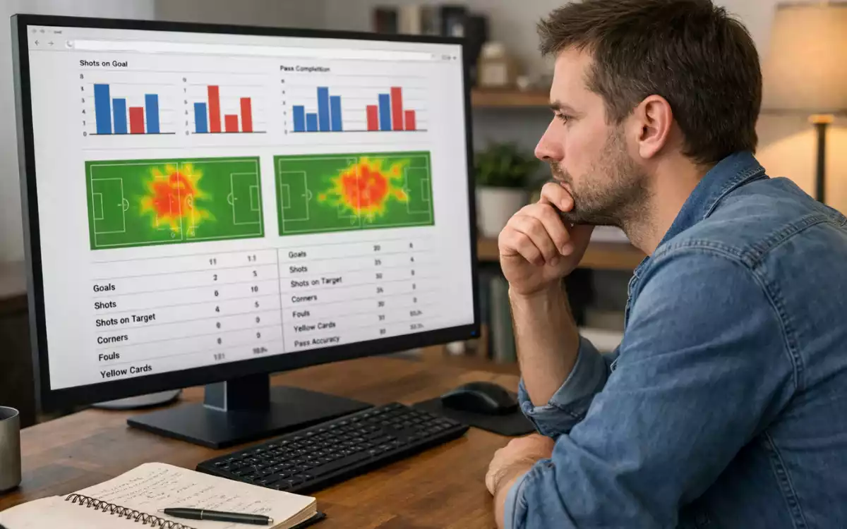 Person analysiert Fußballstatistiken auf einem großen Computerbildschirm