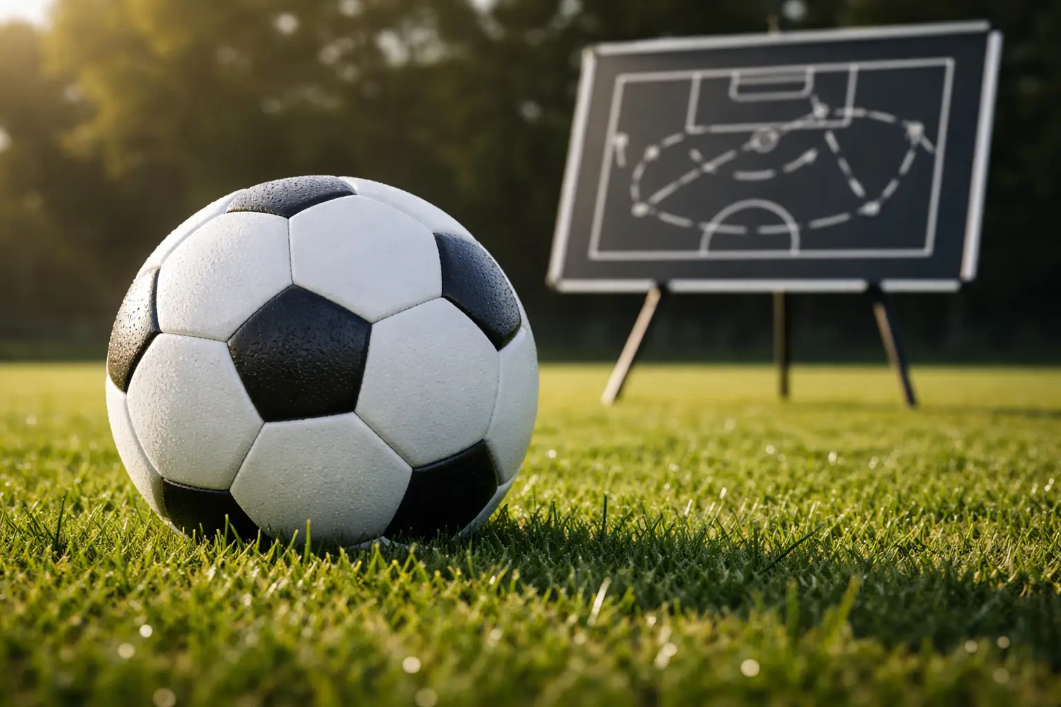 Fußball auf Rasen mit Taktiktafel und Statistiken im Hintergrund