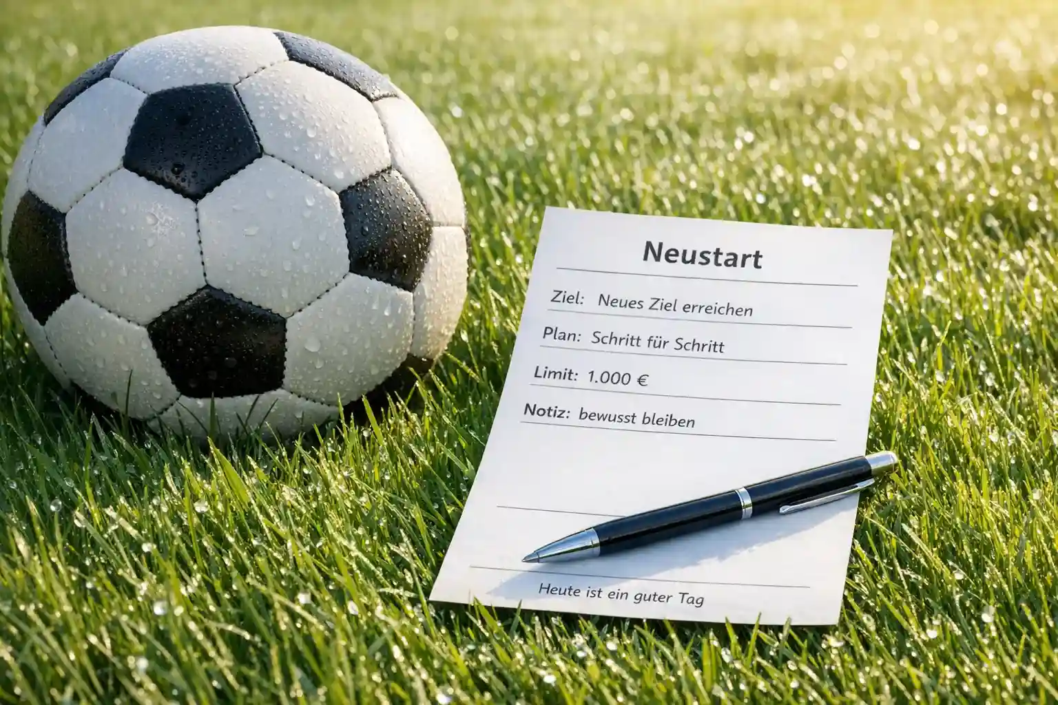 Fußball und Wettschein auf grünem Rasen
