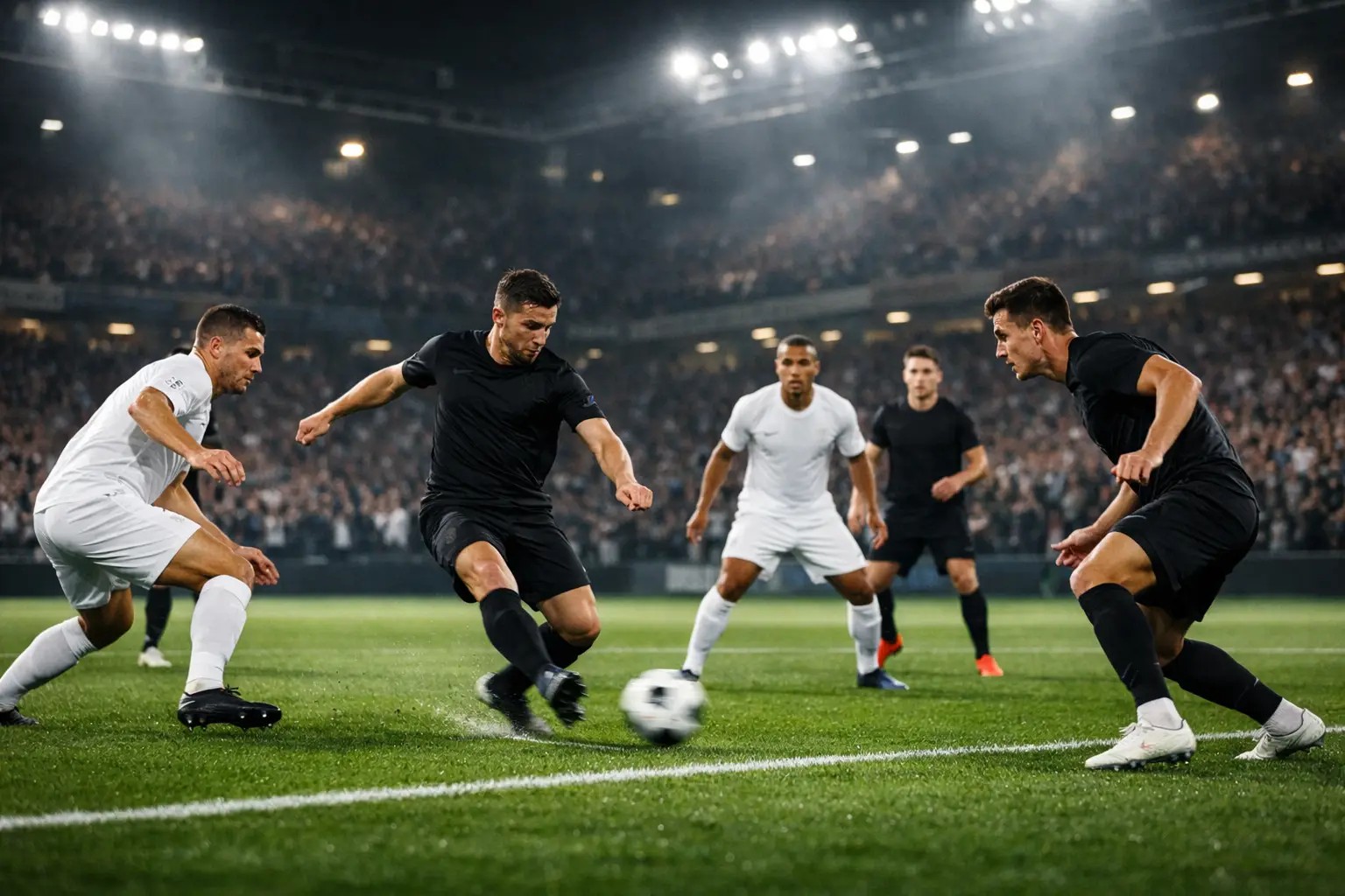 Europäisches Fußballstadion mit Szene aus einer Top-Liga bei Flutlicht