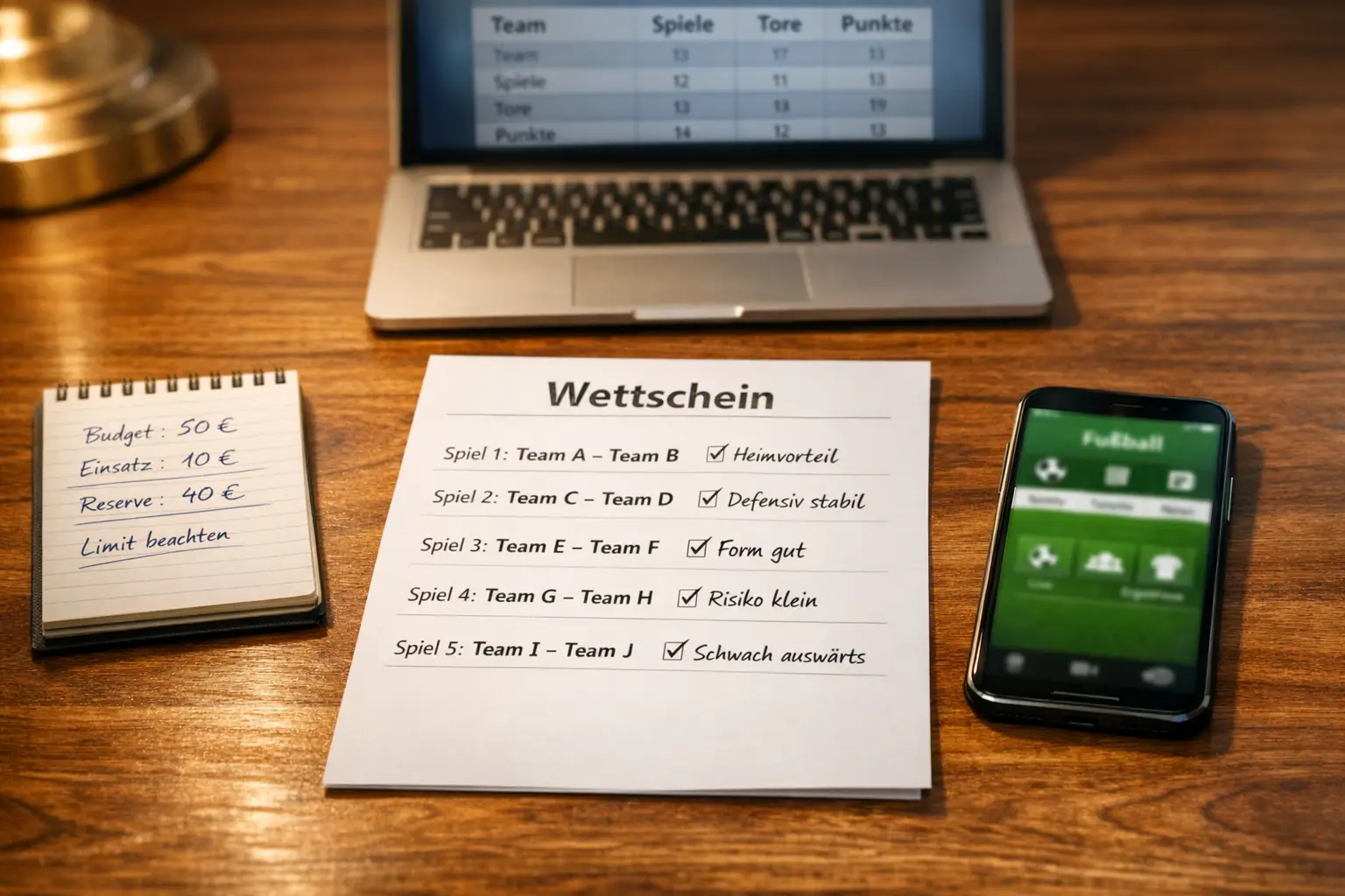 Wettschein mit mehreren Fußballspielen und Quotenberechnung auf einem Schreibtisch
