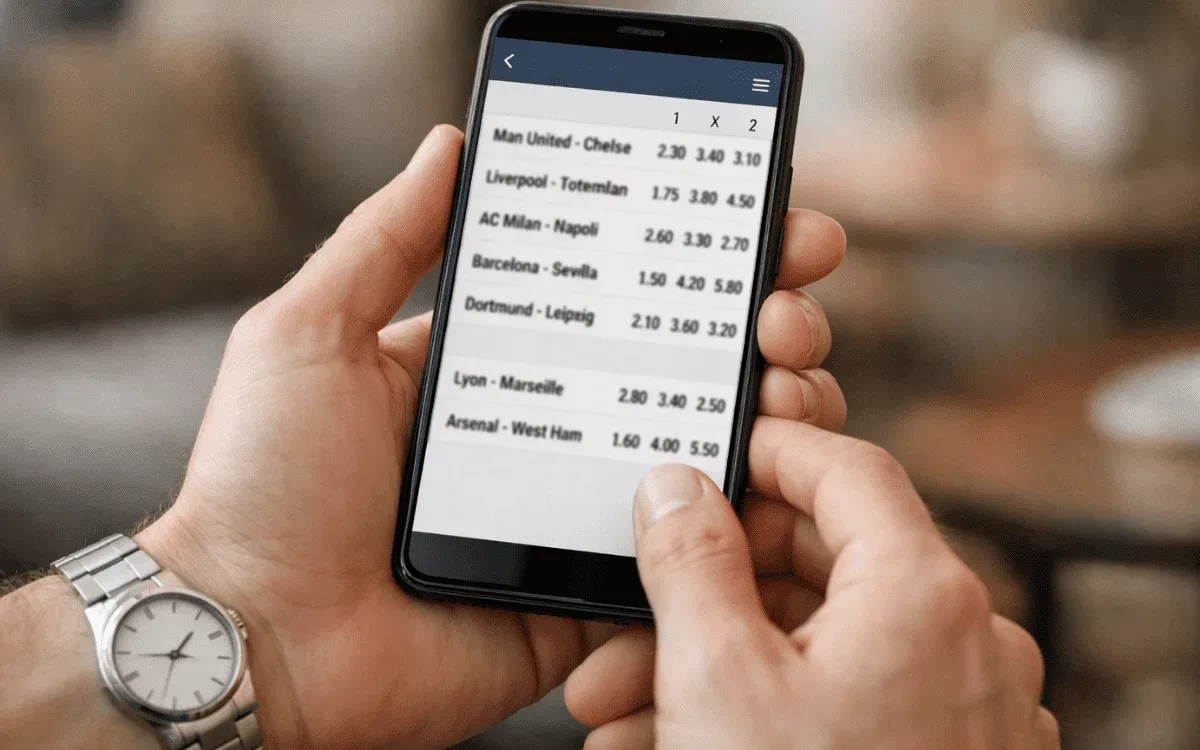 Hände halten Smartphone mit geöffneter Sportwetten-App