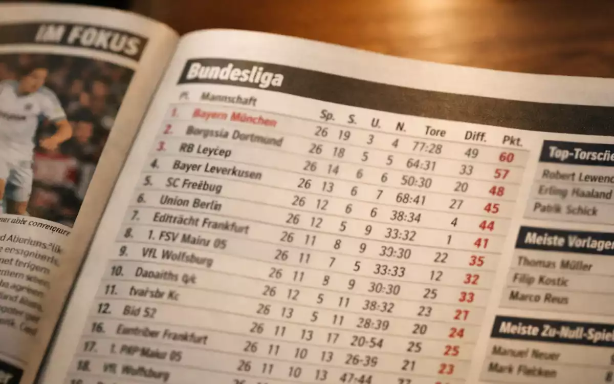 Nahaufnahme einer Sportstatistik-Tabelle in einer Fachzeitschrift
