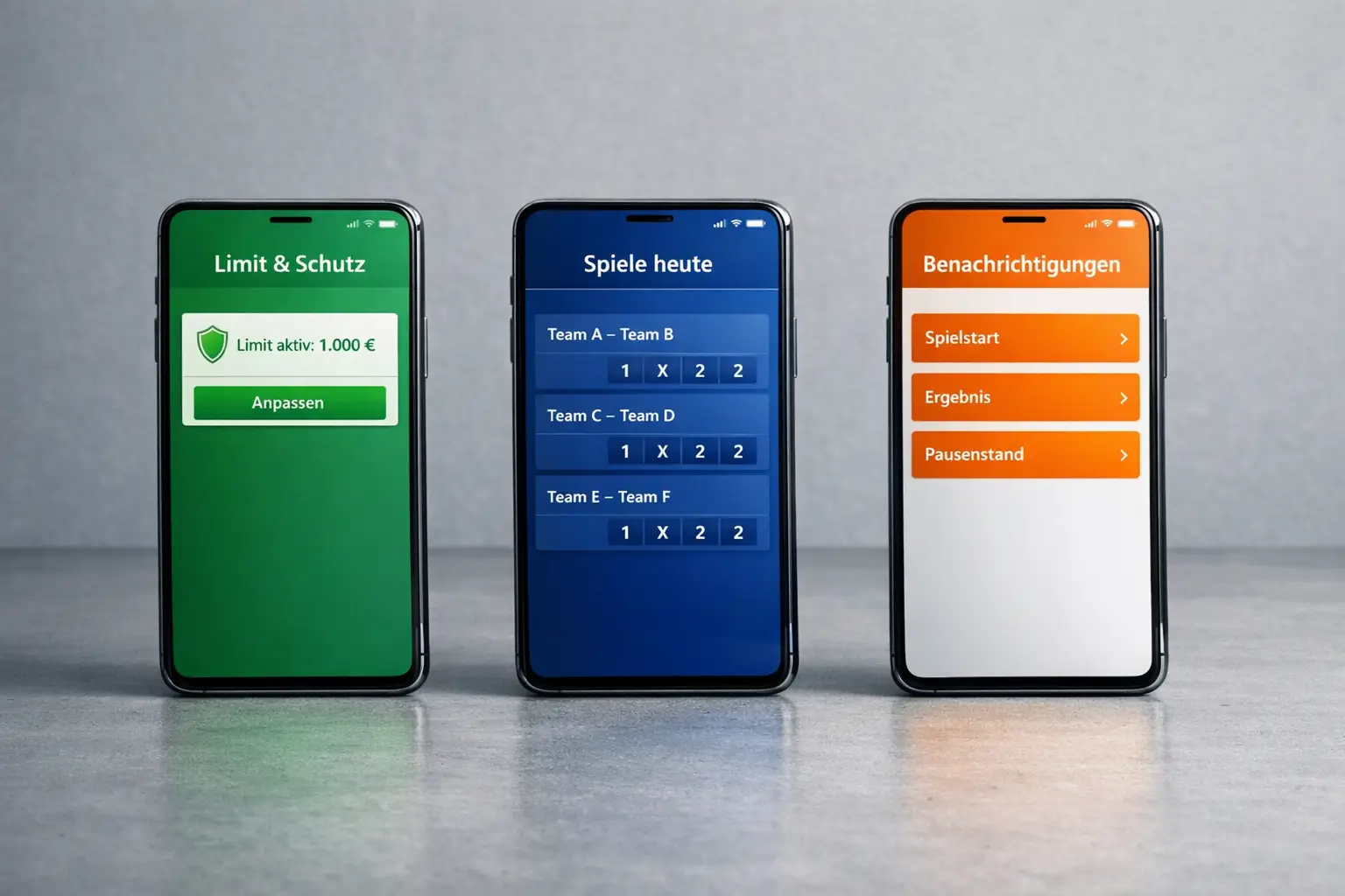 Mehrere Smartphones nebeneinander zeigen verschiedene Wettquoten