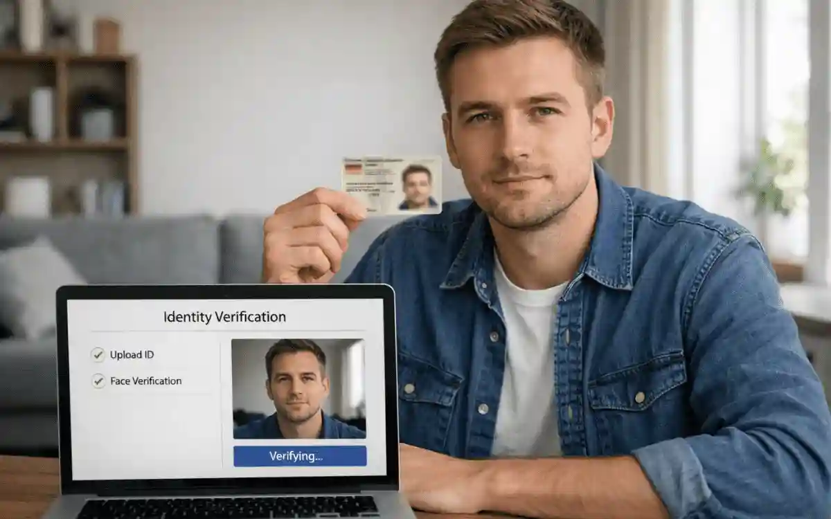 Person verifiziert Identität am Laptop mit Ausweis in der Hand