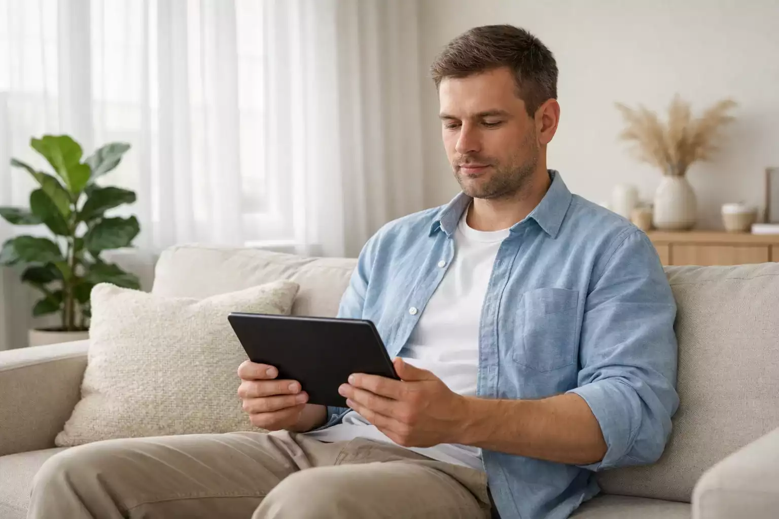 Person sitzt entspannt auf dem Sofa und schaut nachdenklich auf ein Tablet
