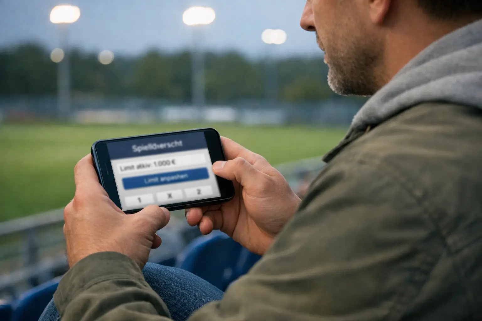 Person hält Smartphone mit Sportwetten-App im Stadion