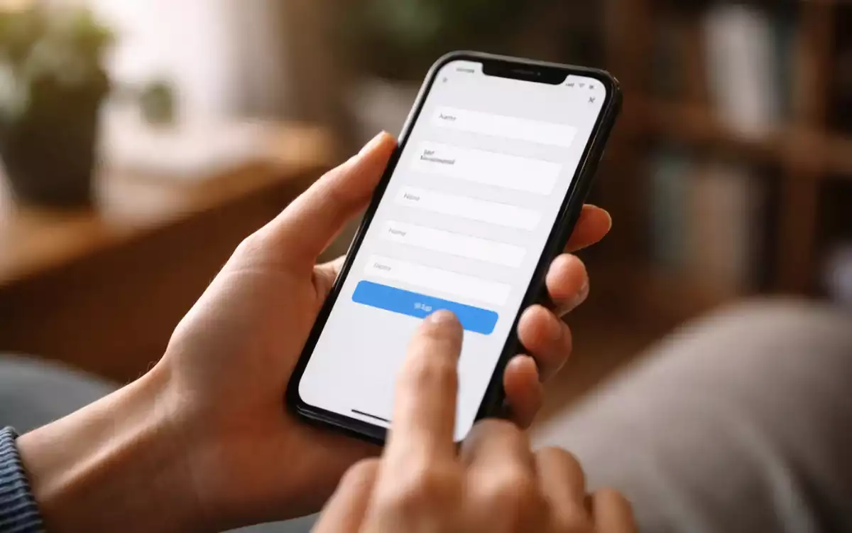 Person tippt auf einem Smartphone eine Registrierung