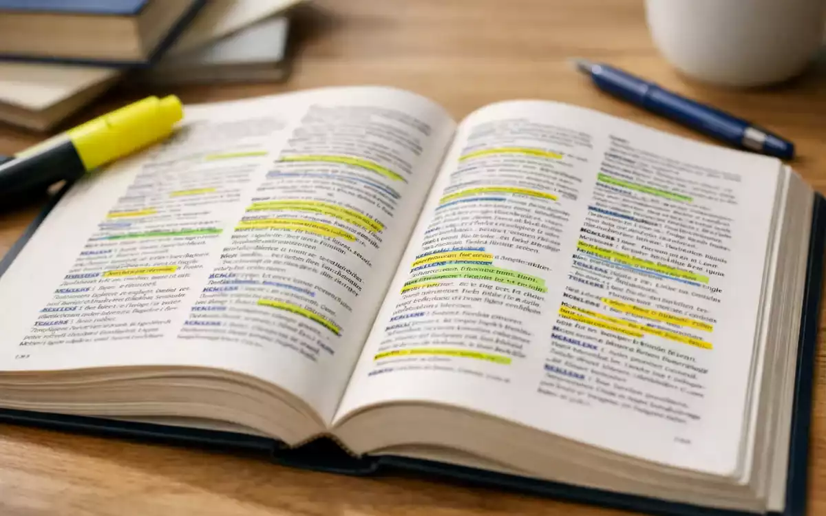 Aufgeschlagenes Fachbuch mit Textmarkierungen