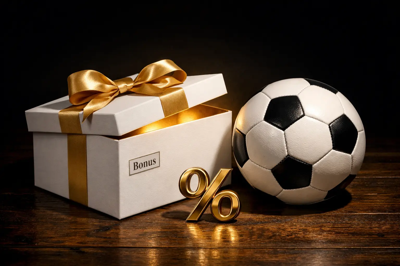 Geschenkbox mit Prozentzeichen und Fußball daneben