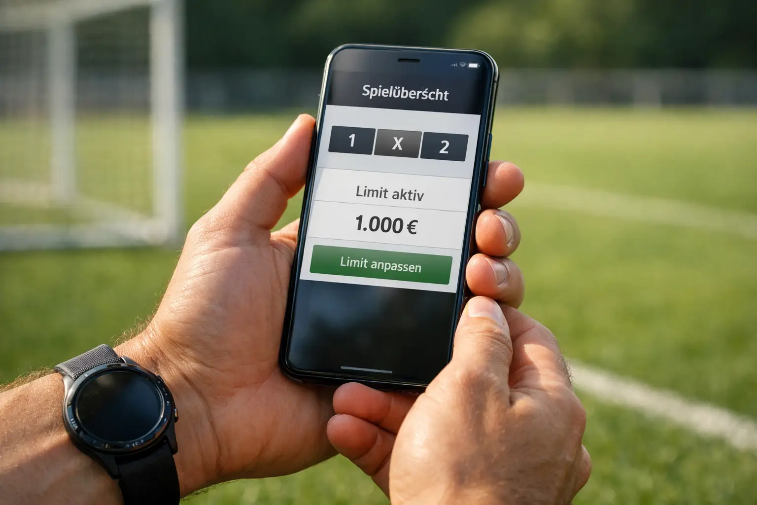 Hand hält Smartphone mit Sportwetten-Quoten vor Fußballfeld