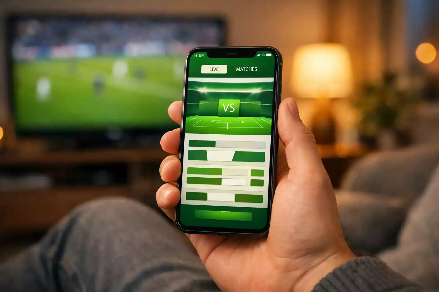 Hand hält Smartphone mit Wett-App vor einem Fernseher mit Fußballspiel