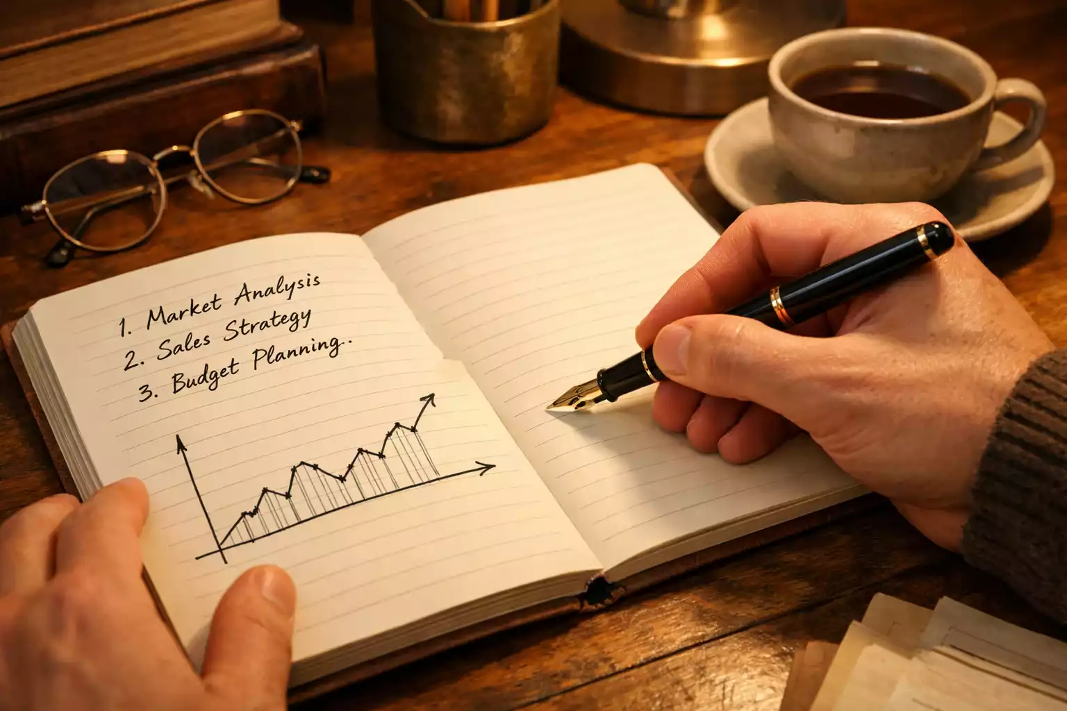 Person macht sich Notizen in einem Notizbuch beim Analysieren