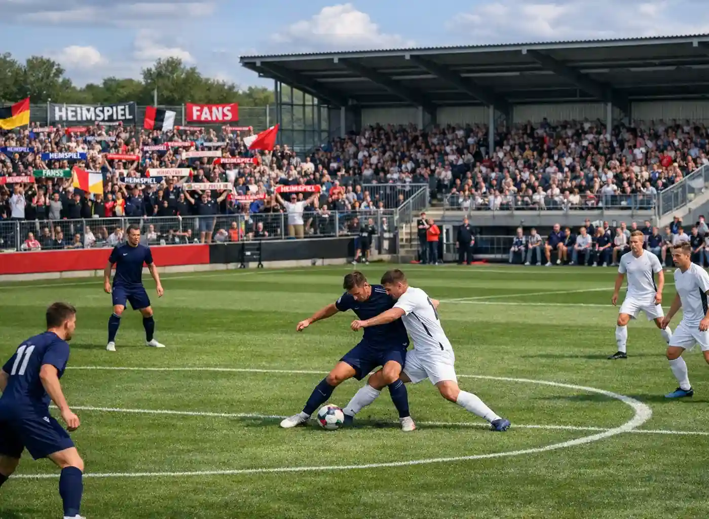 Fußballstadion der 2. Bundesliga mit Zuschauern und Spielszene am Nachmittag